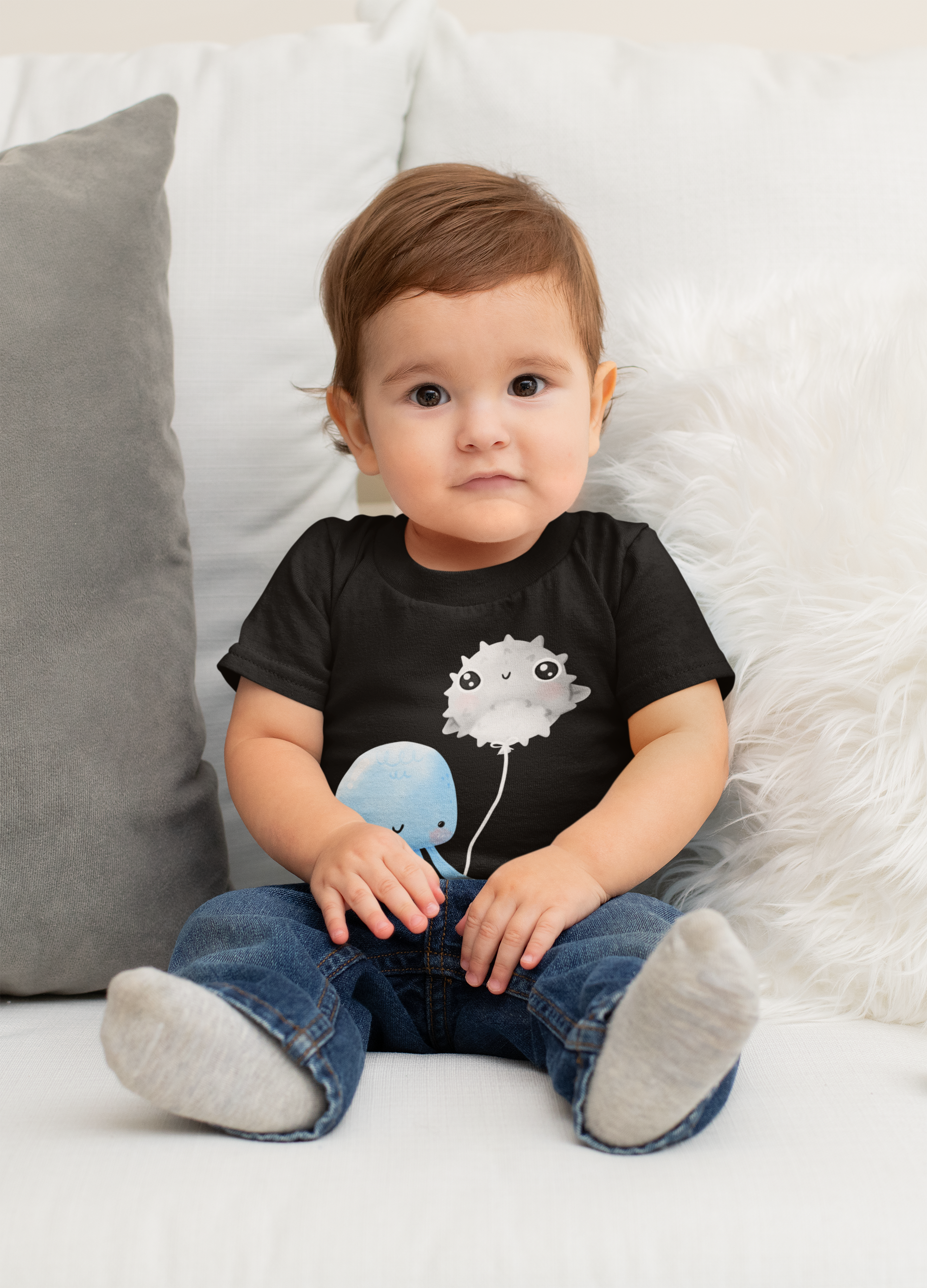 Baby wearing blue jellyfish tee