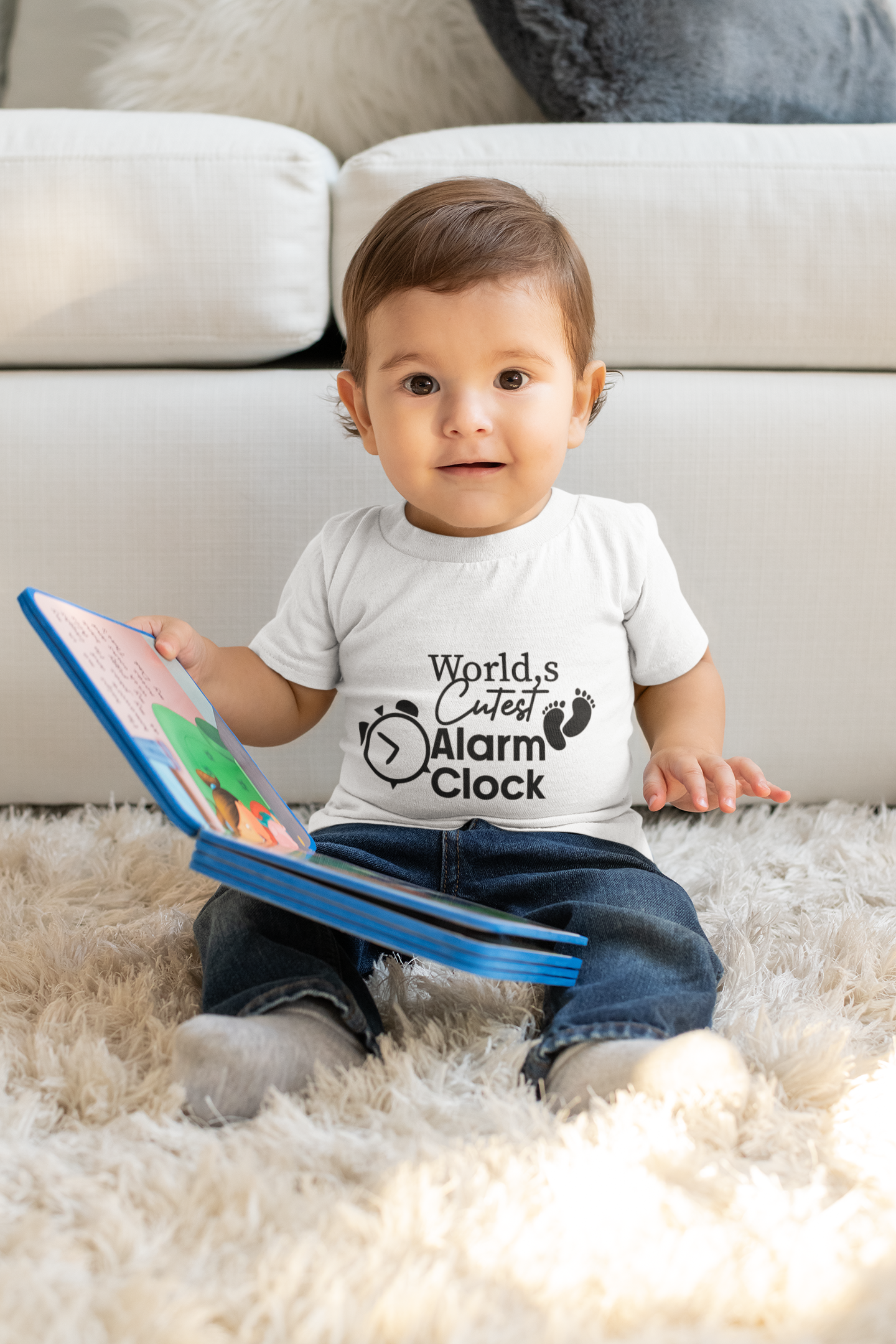 Baby wearing Worlds cutest alarm clock tee