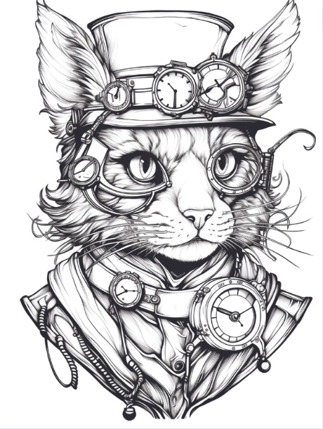 steampunk cat coloring page