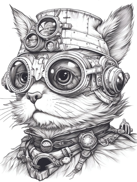 steampunk cat coloring page