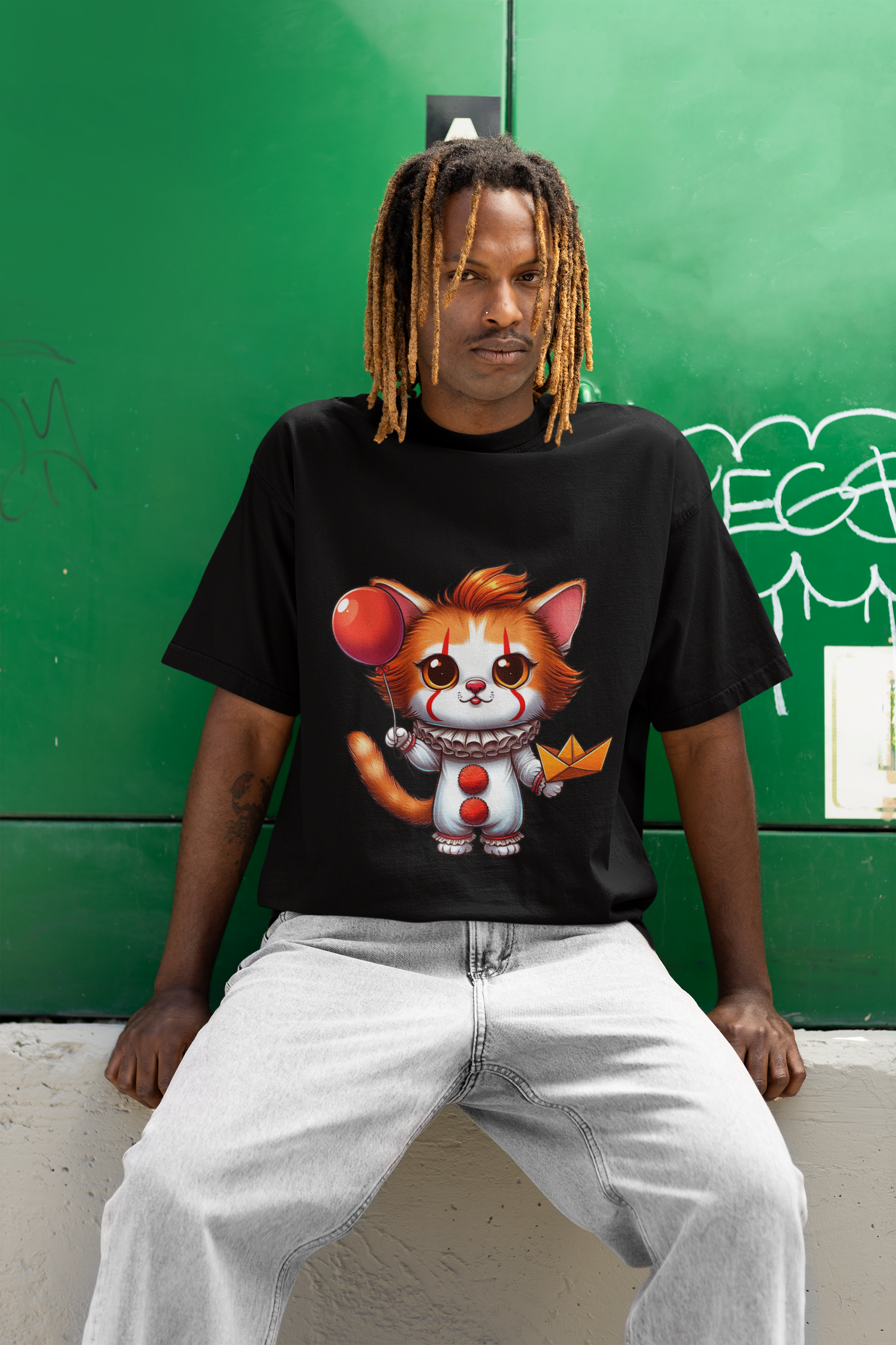 This quirky and adorable t-shirt features a cute kitty dressed as Pennywise, the iconic clown from "It." The playful design captures the mischievous charm of the kitten in its clown costume, complete with bright red balloon, making it a fun and unique choice for Halloween or horror movie fans. Made from soft, high-quality fabric, this shirt provides comfort and durability, perfect for casual wear, Halloween parties, or simply adding a touch of spooky cuteness to your wardrobe.
