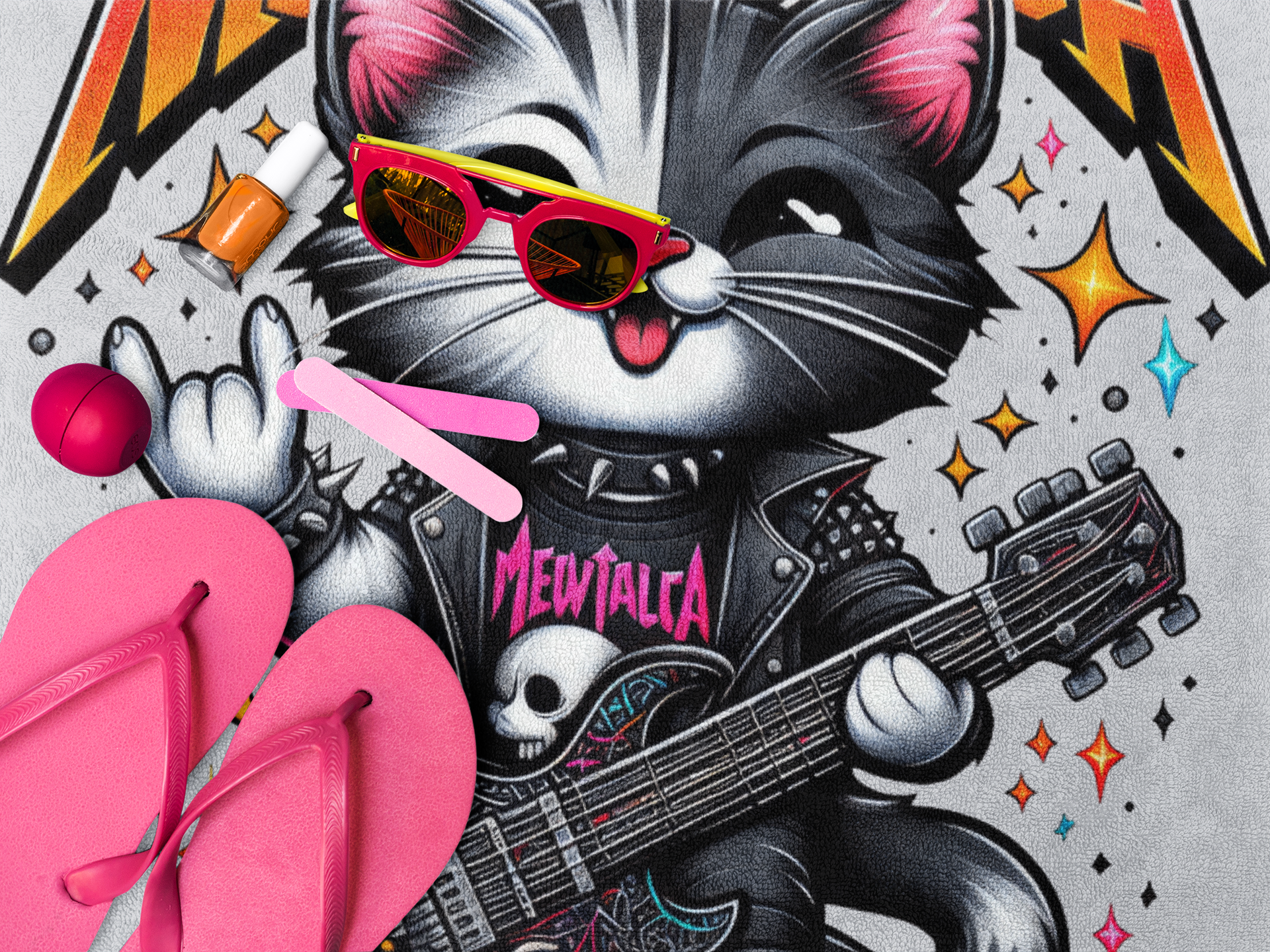 rockstar cat beach towel