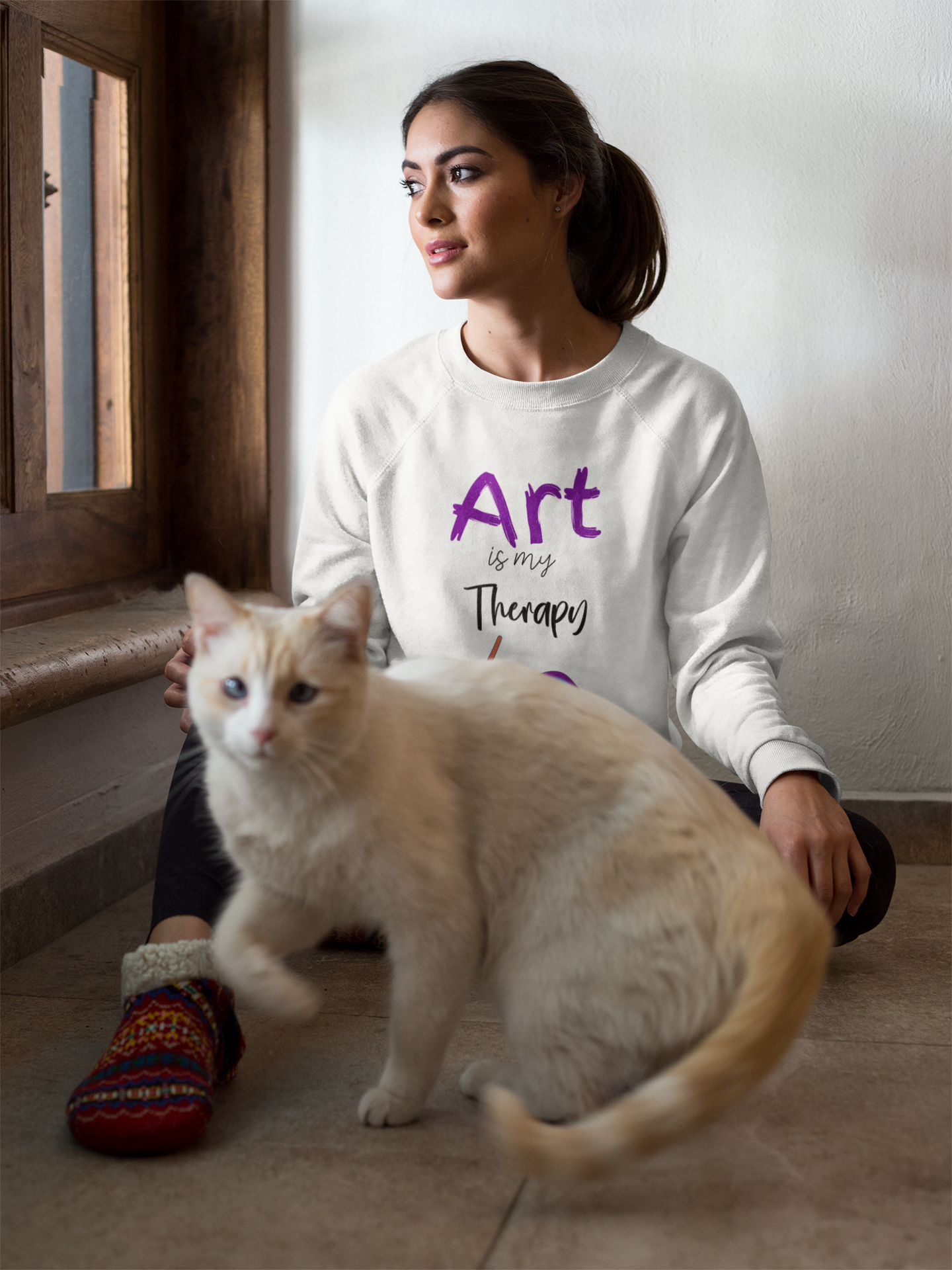 mock up of person wearing Art is my Therapy sweatshirt