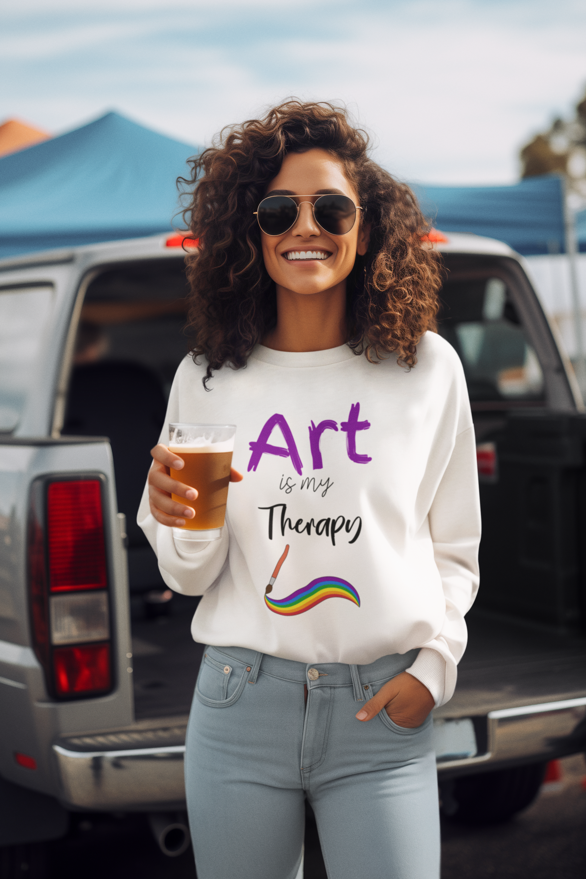 mock up of person wearing Art is my Therapy sweatshirt