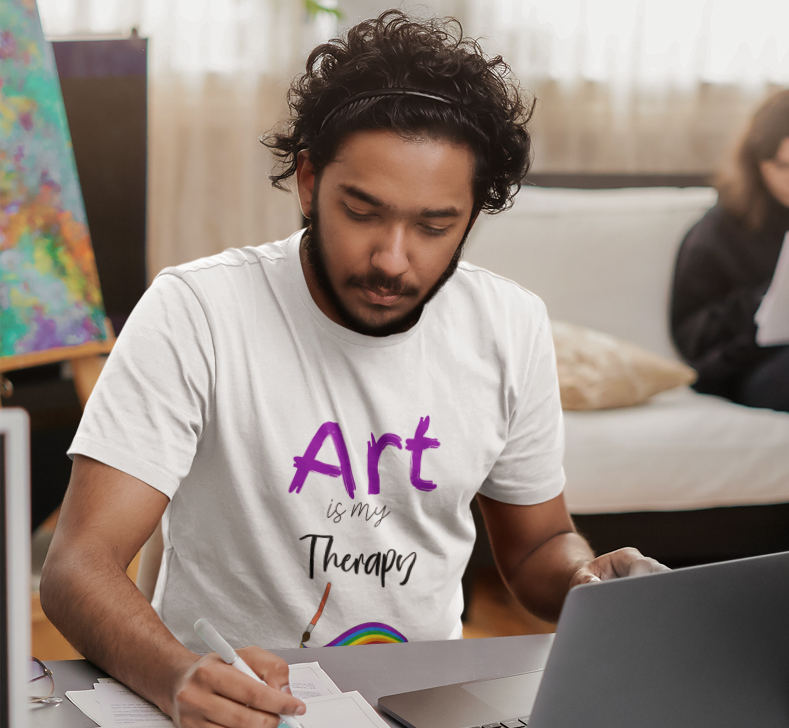mock up of a man wearing a music is my therapy tshirt