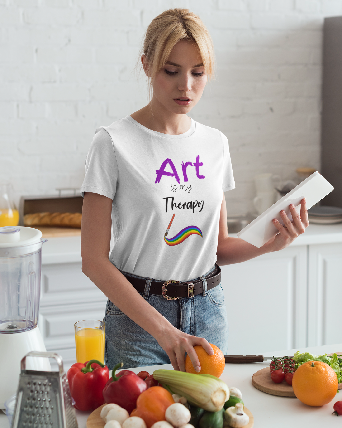 mock up of a person wearing an art is my therapy tshirt