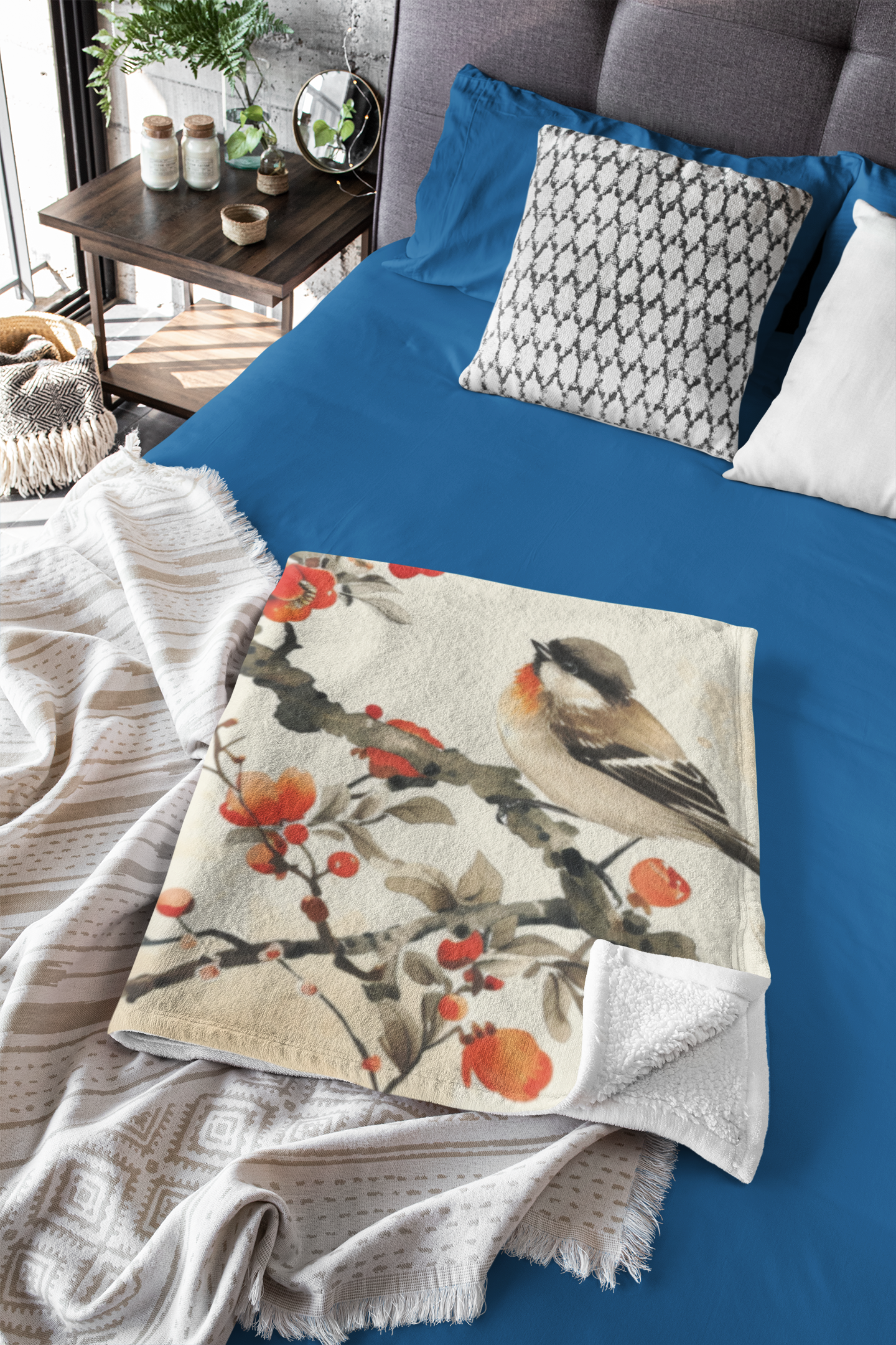 Cherry Blossom and Chickadee Plush Fleece Blanket - Image 2