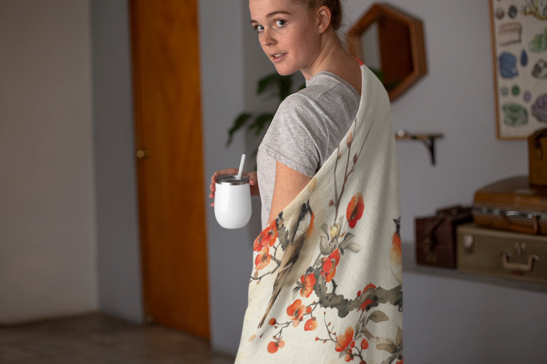 Cherry Blossom and Chickadee Plush Fleece Blanket - Image 3