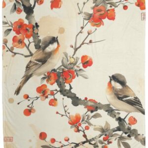 Cherry Blossom and Chickadee Plush Fleece Blanket