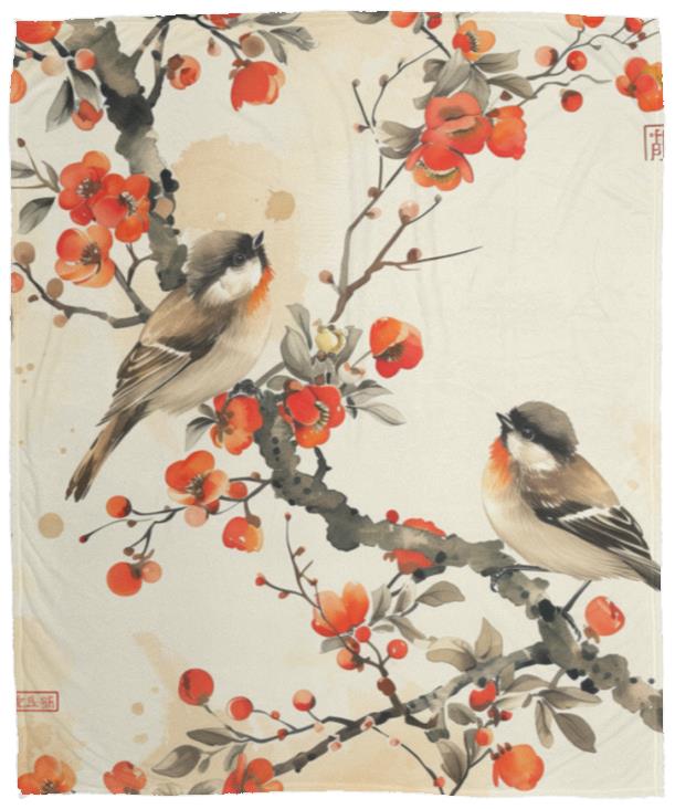 Cherry Blossom and Chickadee Plush Fleece Blanket