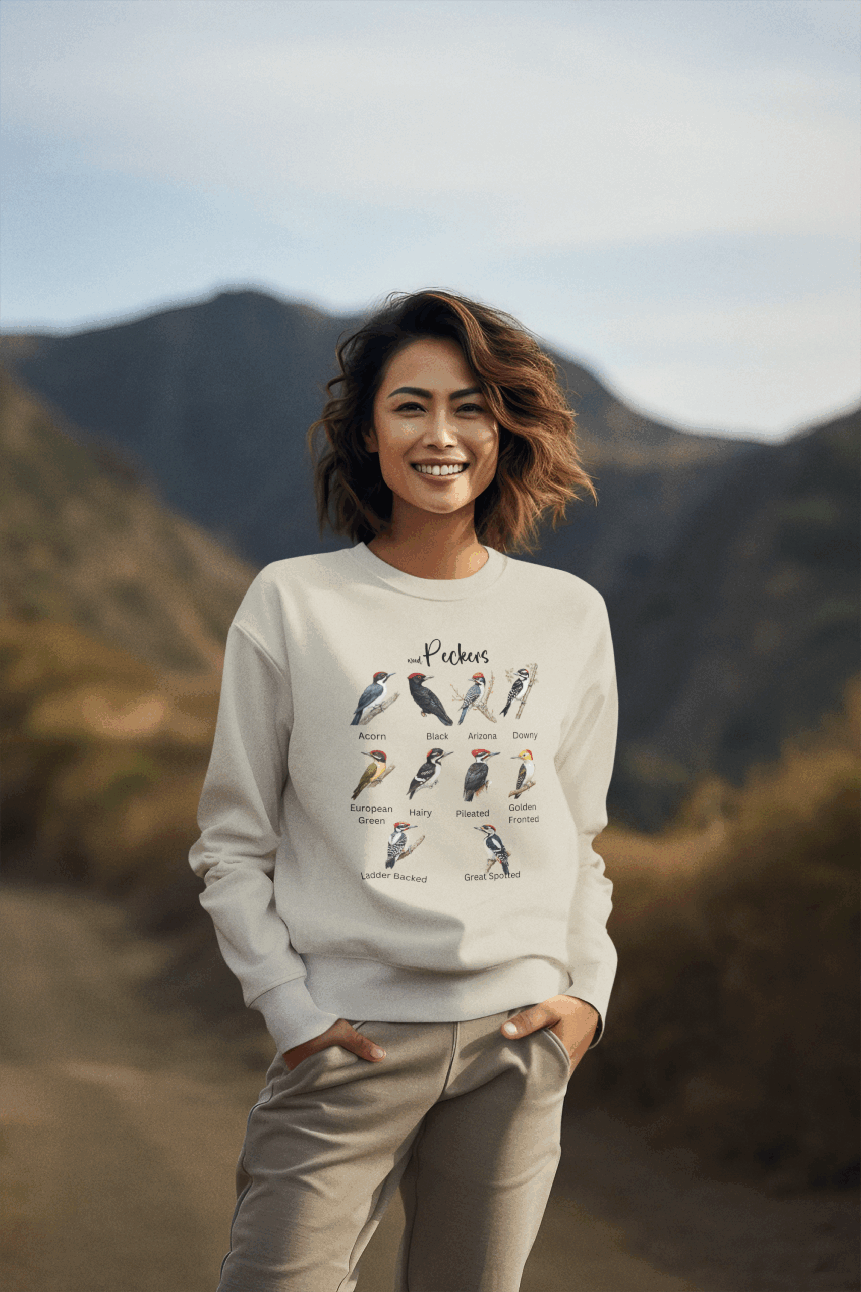 woman wearing peckers sweatshirt