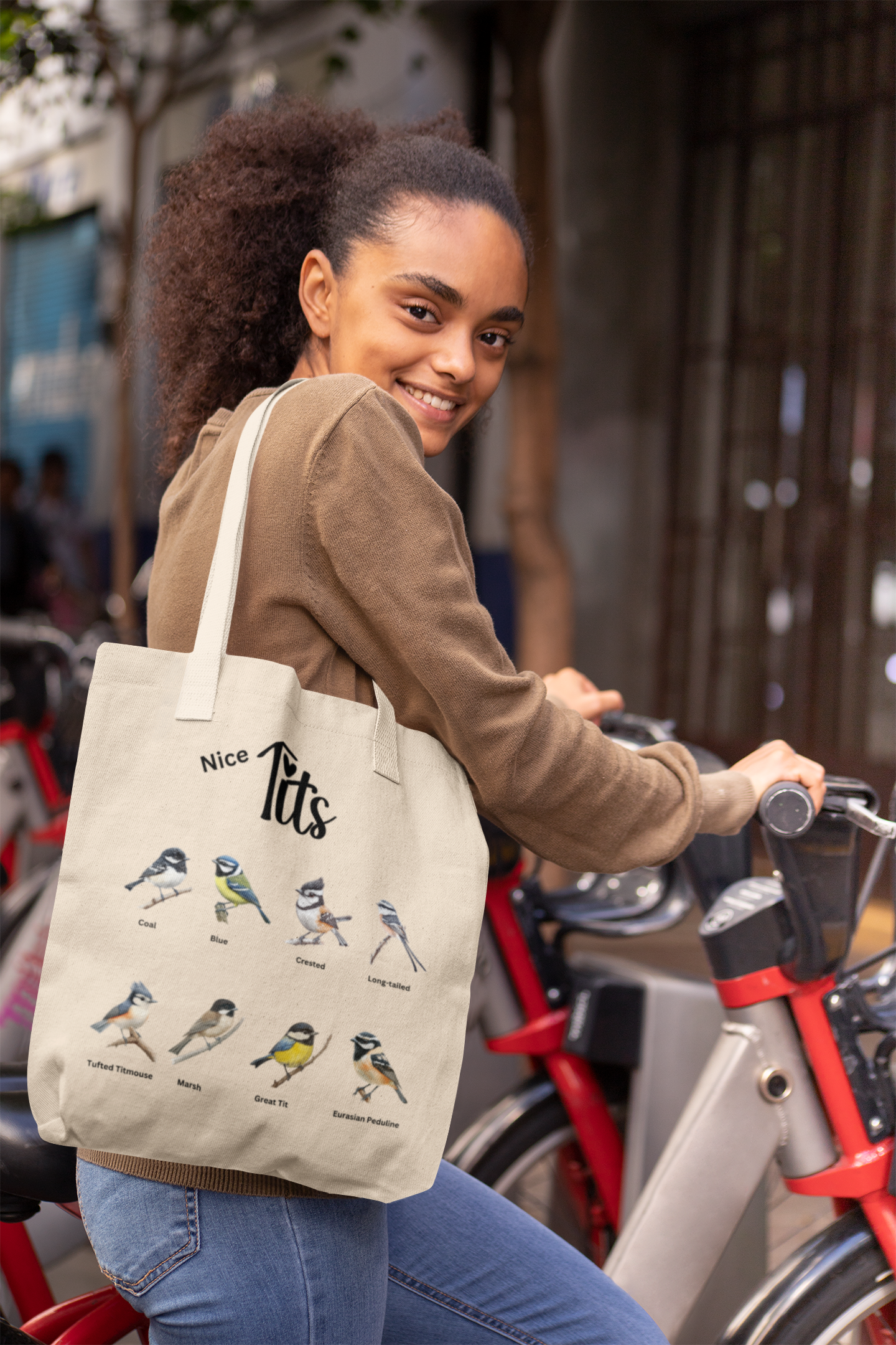 woman holding nice tits tote